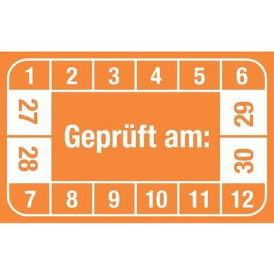 Nobrand Prüfplakette "Geprüft Am", 27 - 30, Orange, Folie, Selbstklebend, 40 X 25 Mm, Ve = 5 Bogen À 12 St. Nobrand Prüfplakette "Geprüft Am", 27 - 30, Orange, Folie, Selbstklebend, 40 X 25 Mm, Ve = 5 Bogen À 12 St.