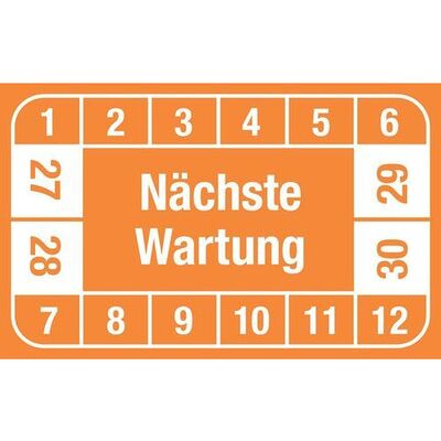 Nobrand Prüfplakette "Nächste Wartung", 27 - 30, Orange, Folie, Sk, 40 X 25 Mm, Ve = 5 Bogen À 12 Stück Nobrand Prüfplakette "Nächste Wartung", 27 - 30, Orange, Folie, Sk, 40 X 25 Mm, Ve = 5 Bogen À 12 Stück