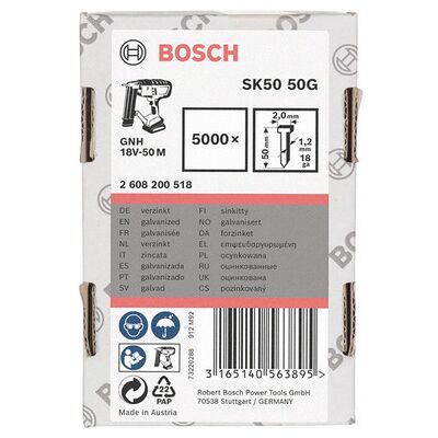 Bosch Senkkopf-Stift Sk50 50g, 1,2 Mm, 50 Mm, Verzinkt, 5000er-Pack Bosch Senkkopf-Stift Sk50 50g, 1,2 Mm, 50 Mm, Verzinkt, 5000er-Pack
