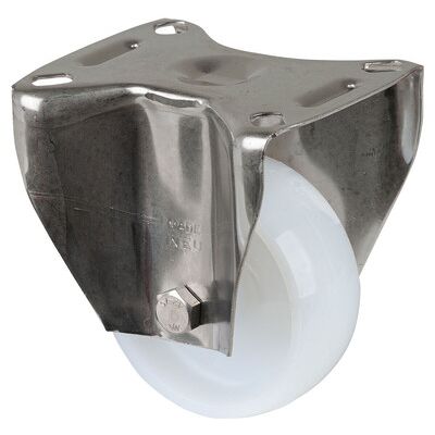 BS Edelstahl Bockrolle - 80mm - 100kg Tragkraft - Weiß Kunststoff Rad - L95xB80 mm BS Edelstahl Bockrolle - 80mm - 100kg Tragkraft - Weiß Kunststoff Rad - L95xB80 mm