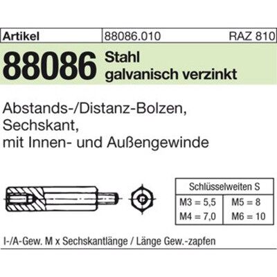 Nobrand Sechskantabstandsbolzen Art 88086 I/a St. Gal Zn M6 X 10 / 6 X 12 Sw10 Gal Zn S Nobrand Sechskantabstandsbolzen Art 88086 I/a St. Gal Zn M6 X 10 / 6 X 12 Sw10 Gal Zn S