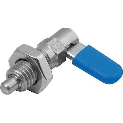 Kipp Sperrriegel Mit Anschlag, Links, D=10, M16, Form:D M. Gew.Hülse/mutter/kappe, Edelstahl Blank, Komp:Polypropylen Blau Kipp Sperrriegel Mit Anschlag, Links, D=10, M16, Form:D M. Gew.Hülse/mutter/kappe, Edelstahl Blank, Komp:Polypropylen Blau