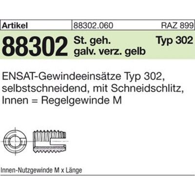 Ensat M14 Gewindeeinsatz - Selbstschneidend, Gelb verzinkt - 88302 Ensat M14 Gewindeeinsatz - Selbstschneidend, Gelb verzinkt - 88302