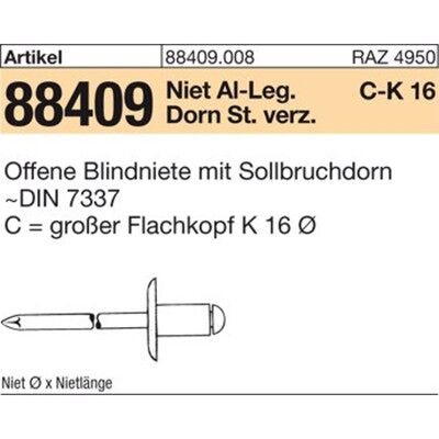 Nobrand Art 88409 Blindniete Alu/st. Verz. Flako K 11 5 X 8 S Nobrand Art 88409 Blindniete Alu/st. Verz. Flako K 11 5 X 8 S