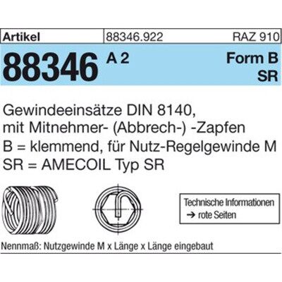 Nobrand Gewindeeinsätze Art 88346 Amecoil Typ Sr Bm 12 X 24 A 2 Selbsts. A 2 S Nobrand Gewindeeinsätze Art 88346 Amecoil Typ Sr Bm 12 X 24 A 2 Selbsts. A 2 S