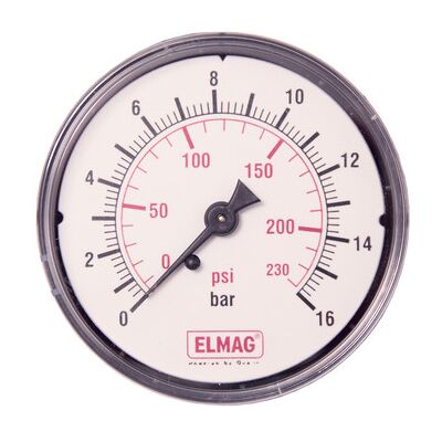 Elmag Druckmanometer 0-16 Bar Ø63mm, 1/4" Außengewinde Hinten Elmag Druckmanometer 0-16 Bar Ø63mm, 1/4" Außengewinde Hinten