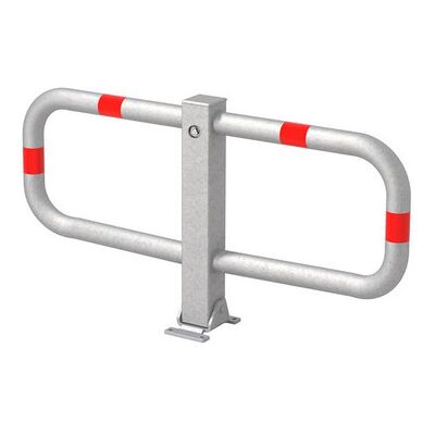 Alberts Parkplatzbügel Stoppy I Umlegb.,Dreik.,Fvz.,4 Rote Ringe,Z.Aufschr.,B950mm Alberts Parkplatzbügel Stoppy I Umlegb.,Dreik.,Fvz.,4 Rote Ringe,Z.Aufschr.,B950mm