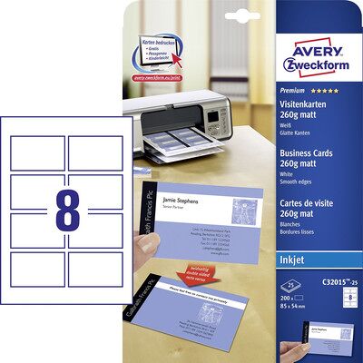 Avery Zweckform Zweckform C32015-25 Premium Visitenkarten, 85 X 54 Mm, Beidseitig Beschichtet, 200 Karten / 25 Bogen Avery Zweckform Zweckform C32015-25 Premium Visitenkarten, 85 X 54 Mm, Beidseitig Beschichtet, 200 Karten / 25 Bogen
