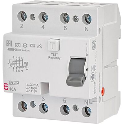ETI FI-Schalter EFI-P4 NL, 4-polig, 40A, 0,03A, Typ A, unverzögert ETI FI-Schalter EFI-P4 NL, 4-polig, 40A, 0,03A, Typ A, unverzögert