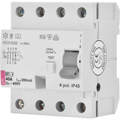 ETI FI-Schalter EFI-P4, 4-polig, 25A, 0,5A, Typ A, unverzögert ETI FI-Schalter EFI-P4, 4-polig, 25A, 0,5A, Typ A, unverzögert