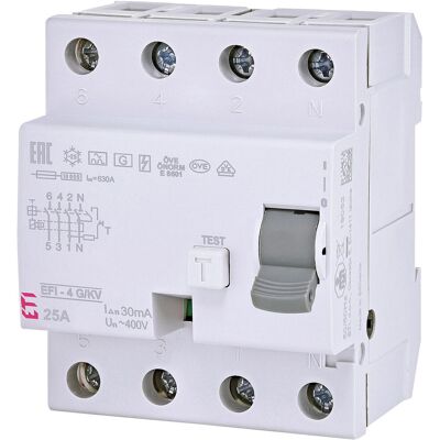 Eti FI-Schalter EFI-4, 4-polig, 40A, 30 mA, Typ A, kurzzeit- verzögert Eti FI-Schalter EFI-4, 4-polig, 40A, 30 mA, Typ A, kurzzeit- verzögert