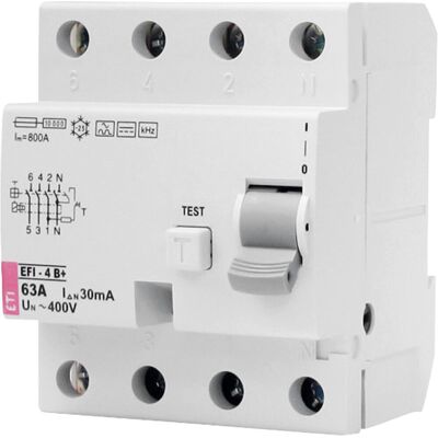 Eti FI-Schalter EFI-4B+, 4-polig, 63A,300 mA, Typ B+, unverzögert Eti FI-Schalter EFI-4B+, 4-polig, 63A,300 mA, Typ B+, unverzögert