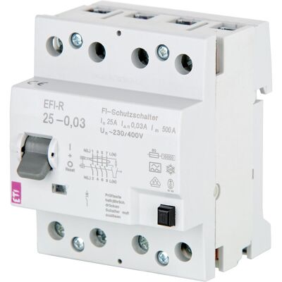 Eti FI-Schalter EFI-R, 4-polig, 40A, 30 mA, 10kA, Typ A, unverzögert Eti FI-Schalter EFI-R, 4-polig, 40A, 30 mA, 10kA, Typ A, unverzögert