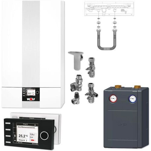 WOLF CGB-2 24 kW Gasbrennwert-Heizungspaket mit Bedienmodul BM-2 in weiß und Verrohrungsgruppe Heizkreis