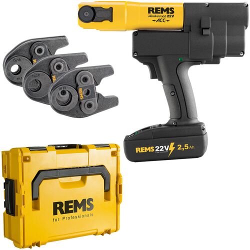Rems Radial-Pressmaschine Mini-Press 22 V ACC + Kunststoff-Systemkoffer + 3 Stk. Presszangen Mini TH 16, 20, 26