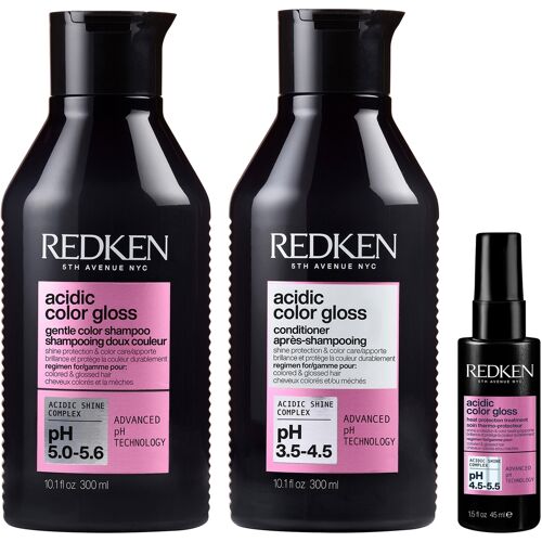 Redken Acidic Color Gloss Shampoo 300ml, Conditioner 300ml and Heat Protection Treatment 45ml, Glass-Like Shine