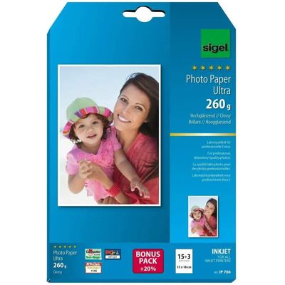 Sigel Tintenstrahl Ultra Fotopapier Ip706 - Glänzend Weiß - 130 x 180 Mm - 260 G/m2 - 18 Blatt Sigel Tintenstrahl Ultra Fotopapier Ip706 - Glänzend Weiß - 130 x 180 Mm - 260 G/m2 - 18 Blatt