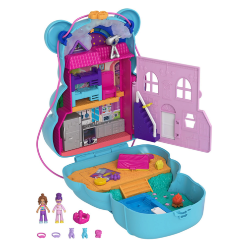 Mattel Polly Pocket Sleepover Teddybär-Tasche, inkl. 2 Figuren & Zubehör