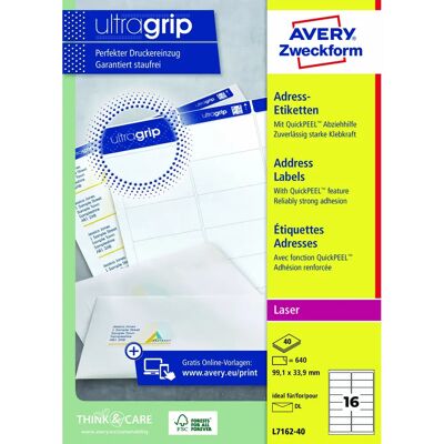 Avery Zweckform L7162-40 Adress-Etiketten, A4 mit ultragrip, 99,1 x 33,9 mm, 40 Bogen/640 Etiketten, weiß Avery Zweckform L7162-40 Adress-Etiketten, A4 mit ultragrip, 99,1 x 33,9 mm, 40 Bogen/640 Etiketten, weiß