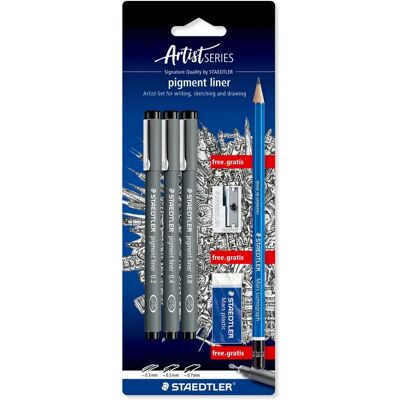 STAEDTLER® pigment liner 308 Fineliner, Blisterkarte mit 3 pigment liner schwarz in sortierten Linienbreiten, 1 Radierer, 1 Spitzer, 1 Bleistift STAEDTLER® pigment liner 308 Fineliner, Blisterkarte mit 3 pigment liner schwarz in sortierten Linienbreiten, 1 Radierer, 1 Spitzer, 1 Bleistift