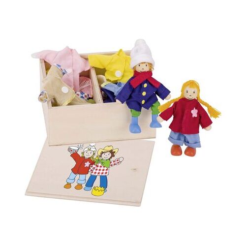 Goki Biegepuppen Birte & Ben, Klamottenkiste H= 10 cm, 2 Biegepuppen, 8 Sets Klamotten, per Set