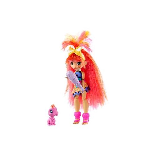 Mattel Cave Club Emberly Puppe (25 cm), prähistorische Modepuppe mit Haus-Dinosaurier