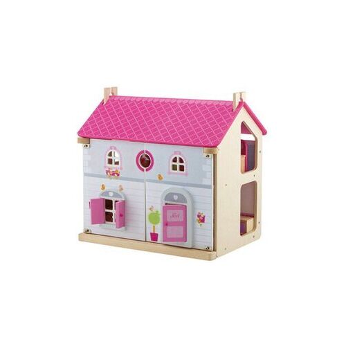 Sevi Puppenhaus aus Holz 47 x 42 x 30 cm, Komplettes Spielset mit Möbeln, 3 Charakteren und Hund