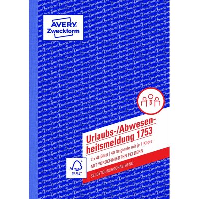 Avery Zweckform 1753 Urlaubs-/Abwesenheitsmeldung, A5, selbstdurchschreibend, 2x40 Blatt Avery Zweckform 1753 Urlaubs-/Abwesenheitsmeldung, A5, selbstdurchschreibend, 2x40 Blatt