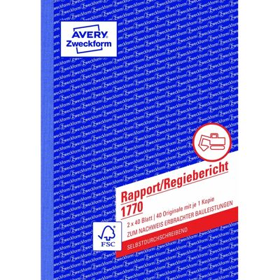 Avery Zweckform 1770 Rapport/Regiebericht, A5, selbstdurchschreibend, 2x40 Blatt Avery Zweckform 1770 Rapport/Regiebericht, A5, selbstdurchschreibend, 2x40 Blatt