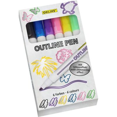 ONLINE Outline Pen silber mit farbigem Rand Glitzereffekt, 6er Set ONLINE Outline Pen silber mit farbigem Rand Glitzereffekt, 6er Set