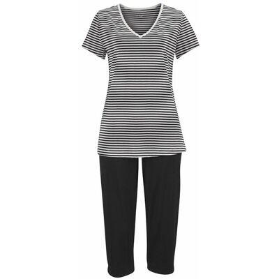 H.I.S Damen Capri-Pyjama Schwarz-Gestreift Gr.40/42 H.I.S Damen Capri-Pyjama Schwarz-Gestreift Gr.40/42