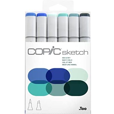 Copic Sketch Set "Sea & Sky", 6 Twin Marker mit einer mittelbreiten und einer Brush-Spitze Copic Sketch Set "Sea & Sky", 6 Twin Marker mit einer mittelbreiten und einer Brush-Spitze