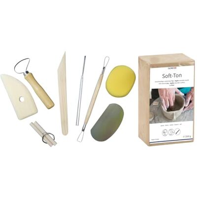 GLOREX 6 8075 301K Set für Kreative: Soft Ton 2500 g in weiß, lufthärtend ohne Brennen und 8 teiliges Set mit strapazierfähigem Modellierwerkzeug GLOREX 6 8075 301K Set für Kreative: Soft Ton 2500 g in weiß, lufthärtend ohne Brennen und 8 teiliges Set mit strapazierfähigem Modellierwerkzeug