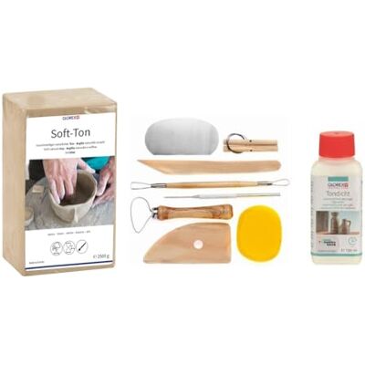 GLOREX 6 8075 299K Set für Kreative: Soft Ton 2500 g in weiß, lufthärtend ohne Brennen, 100 ml Tondicht und ein 8 teiliges Set mit strapazierfähigem Modellierwerkzeug GLOREX 6 8075 299K Set für Kreative: Soft Ton 2500 g in weiß, lufthärtend ohne Brennen, 100 ml Tondicht und ein 8 teiliges Set mit strapazierfähigem Modellierwerkzeug