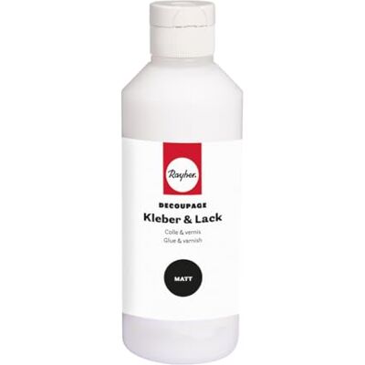 Rayher Decoupage Kleber & Lack, matt, Flasche 250 ml, Papierkleber, für Decoupagepapiere, Collagen, Mixed-Media Technik, transparenter Kleber und Schutzlack in einem, 35104000 Rayher Decoupage Kleber & Lack, matt, Flasche 250 ml, Papierkleber, für Decoupagepapiere, Collagen, Mixed-Media Technik, transparenter Kleber und Schutzlack in einem, 35104000