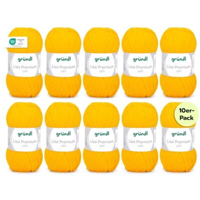 Gründl Wolle Lisa Premium uni Strickgarn 10 x 50 g, Gelb Garn zum Stricken Häkelgarn Weich und hautfreundlich 100 % Polyacryl Nadelstärke 3,5- 4,5 Gründl Wolle Lisa Premium uni Strickgarn 10 x 50 g, Gelb Garn zum Stricken Häkelgarn Weich und hautfreundlich 100 % Polyacryl Nadelstärke 3,5- 4,5