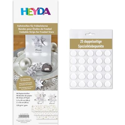 Heyda Faltstreifen für Fröbelsterne – 96 Streifen, 120 g/m² – beidseitig bedruckt – Bastelpapier Set für 24 Sterne – mit Anleitung – Basteln inklusive 25 Klebepunkte (weiß 1x30cm + 1,5x45cm) Heyda Faltstreifen für Fröbelsterne – 96 Streifen, 120 g/m² – beidseitig bedruckt – Bastelpapier Set für 24 Sterne – mit Anleitung – Basteln inklusive 25 Klebepunkte (weiß 1x30cm + 1,5x45cm)