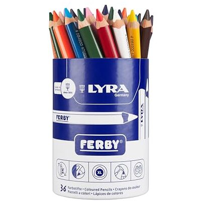 LYRA FERBY, kurze Dickkernfarbstifte mit 12 cm Länge, triangular, lackiert, Mine 6.3mm, Kartonrunddose mit 36 Stiften, sortiert in 12 Farben à 3 Stück LYRA FERBY, kurze Dickkernfarbstifte mit 12 cm Länge, triangular, lackiert, Mine 6.3mm, Kartonrunddose mit 36 Stiften, sortiert in 12 Farben à 3 Stück