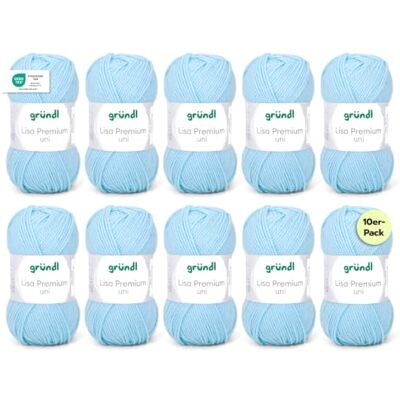 Gründl Wolle Lisa Premium uni Strickgarn 10 x 50 g, Hellblau Garn zum Stricken Häkelgarn Weich und hautfreundlich 100 % Polyacryl Nadelstärke 3,5- 4,5 Gründl Wolle Lisa Premium uni Strickgarn 10 x 50 g, Hellblau Garn zum Stricken Häkelgarn Weich und hautfreundlich 100 % Polyacryl Nadelstärke 3,5- 4,5