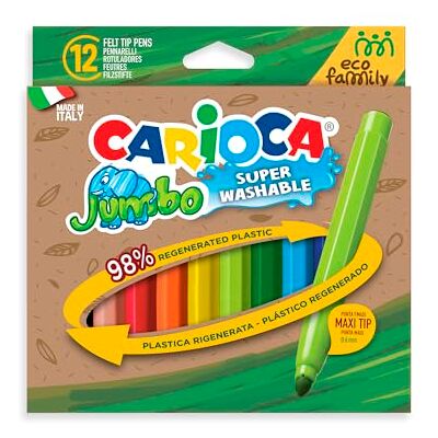CARIOCA Jumbo Eco-Marker Box mit 12 superwaschbaren Filzstiften aus 98% Regenerat-Kunststoff verschiedene Farben Spitze Ø 6 mm 12 Stück CARIOCA Jumbo Eco-Marker Box mit 12 superwaschbaren Filzstiften aus 98% Regenerat-Kunststoff verschiedene Farben Spitze Ø 6 mm 12 Stück