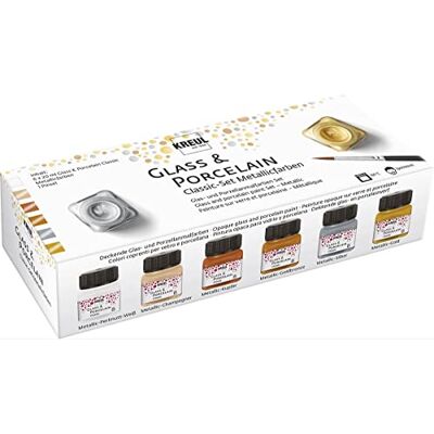 KREUL 16603 Glass & Porcelain Set Classic Metallicfarben, 6 x 20 ml Farbe und ein Pinsel, brillante, metallisch deckende Glas-und Porzellanmalfarbe auf Wasserbasis KREUL 16603 Glass & Porcelain Set Classic Metallicfarben, 6 x 20 ml Farbe und ein Pinsel, brillante, metallisch deckende Glas-und Porzellanmalfarbe auf Wasserbasis
