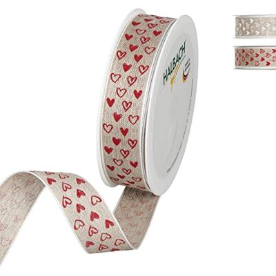 Halbach Leinenband Herzen mit Drahtkante, 25 mm x 15 m, natur/rot Halbach Leinenband Herzen mit Drahtkante, 25 mm x 15 m, natur/rot