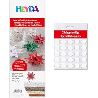 Heyda Faltstreifen für Fröbelsterne – 96 Streifen, 1,5×45 cm, 120 g/m² – beidseitig bedruckt – Bastelpapier Set für 24 Sterne – mit Anleitung – inklusive 25 Klebepunkte (bunt 1,5x45cm) Heyda Faltstreifen für Fröbelsterne – 96 Streifen, 1,5×45 cm, 120 g/m² – beidseitig bedruckt – Bastelpapier Set für 24 Sterne – mit Anleitung – inklusive 25 Klebepunkte (bunt 1,5x45cm)