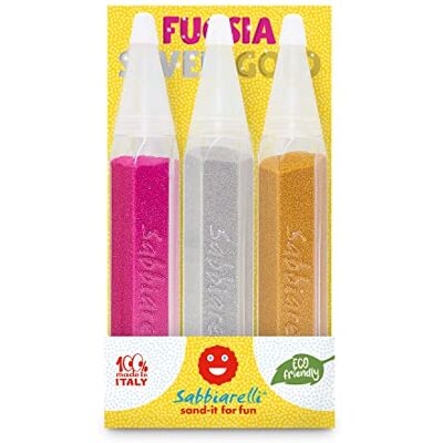 Sabbiarelli – Trio Elegance 3 Farbsandstifte à 50 g Nachfüllbare Farbsandstifte mit natürlichem, zertifiziertem Marmorsand Farben Fuchsia, Silber und Gold 100% Made in Italy Sabbiarelli – Trio Elegance 3 Farbsandstifte à 50 g Nachfüllbare Farbsandstifte mit natürlichem, zertifiziertem Marmorsand Farben Fuchsia, Silber und Gold 100% Made in Italy
