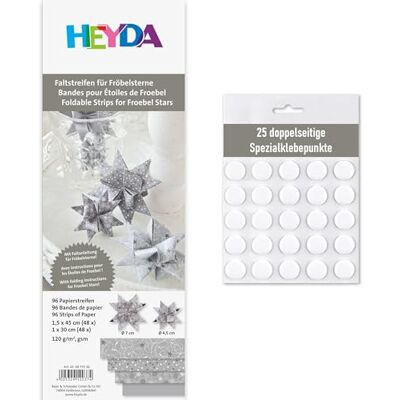 Heyda Faltstreifen für Fröbelsterne – 96 Streifen, 120 g/m² – beidseitig bedruckt – Bastelpapier Set für 24 Sterne – mit Anleitung – Basteln inklusive 25 Klebepunkten (silber 1x30cm + 1,5x45cm) Heyda Faltstreifen für Fröbelsterne – 96 Streifen, 120 g/m² – beidseitig bedruckt – Bastelpapier Set für 24 Sterne – mit Anleitung – Basteln inklusive 25 Klebepunkten (silber 1x30cm + 1,5x45cm)