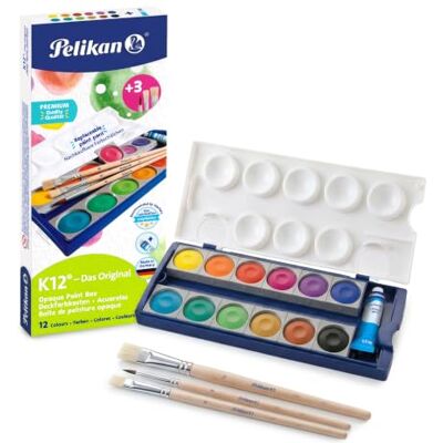 Pelikan K12 Deckfarbkasten, 12 Farben, Deckweiß und 3 Pinsel 12 Deckfarben, Deckweiß und 3 Pinsel für Schule, Freizeit und kreative Malprojekte Pelikan K12 Deckfarbkasten, 12 Farben, Deckweiß und 3 Pinsel 12 Deckfarben, Deckweiß und 3 Pinsel für Schule, Freizeit und kreative Malprojekte