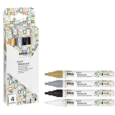 KREUL 47002 Lack Marker medium im 4er Set, gold, silber, weiß und schwarz, Rundspitze 2 4 mm, permanente, lackartig auftrocknende Farbe, wasser- und wetterfest, zum Beschriften und Verzieren KREUL 47002 Lack Marker medium im 4er Set, gold, silber, weiß und schwarz, Rundspitze 2 4 mm, permanente, lackartig auftrocknende Farbe, wasser- und wetterfest, zum Beschriften und Verzieren