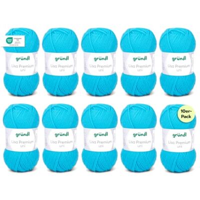 Gründl Wolle Lisa Premium uni Strickgarn 10 x 50 g, Türkis Garn zum Stricken Häkelgarn Weich und hautfreundlich 100 % Polyacryl Nadelstärke 3,5- 4,5 Gründl Wolle Lisa Premium uni Strickgarn 10 x 50 g, Türkis Garn zum Stricken Häkelgarn Weich und hautfreundlich 100 % Polyacryl Nadelstärke 3,5- 4,5