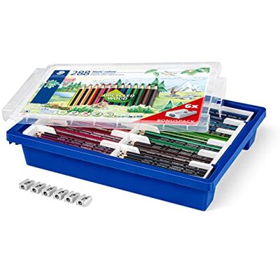 Staedtler Buntstifte Noris colour, rutschfeste Soft-Oberfläche, hohe Bruchfestigkeit, Made from Upcycled Wood, Sechskantformat, Set mit 288 Stiften in 12 intensiven Farben und 6 Spitzer, 185 G288 Staedtler Buntstifte Noris colour, rutschfeste Soft-Oberfläche, hohe Bruchfestigkeit, Made from Upcycled Wood, Sechskantformat, Set mit 288 Stiften in 12 intensiven Farben und 6 Spitzer, 185 G288