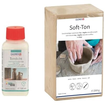GLOREX 6 8075 300K Set für Kreative: Soft Ton 2500 g in weiß, lufthärtend ohne Brennen und 100 ml Tondicht zur Versiegelung GLOREX 6 8075 300K Set für Kreative: Soft Ton 2500 g in weiß, lufthärtend ohne Brennen und 100 ml Tondicht zur Versiegelung